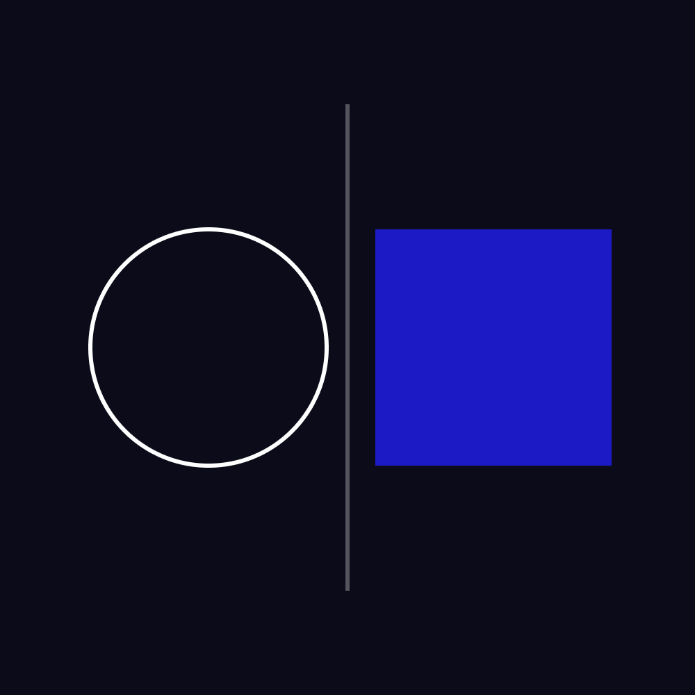 An outlined white circle and a solid blue square on either side of a thin line on a dark ground