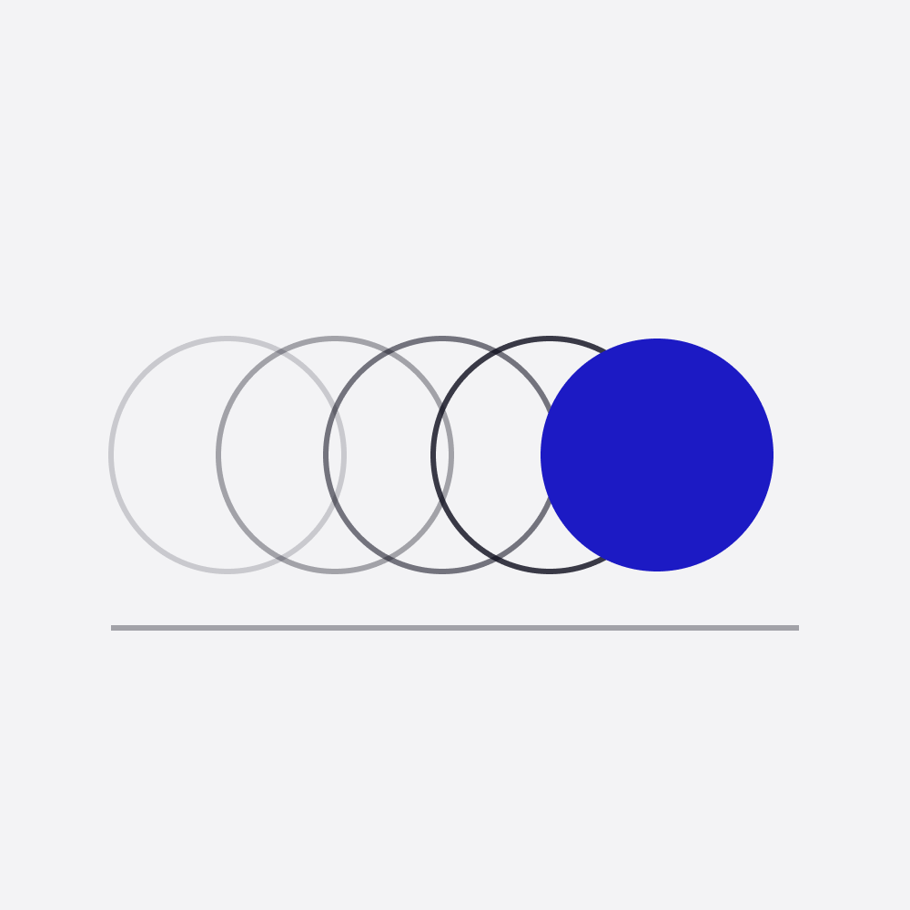 A row of overlapping circles fading in from left to right and ending in a solid blue circle, like a motion trail