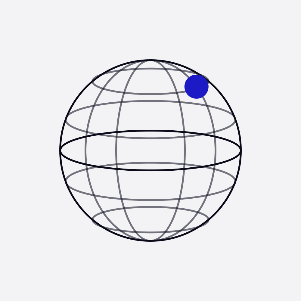 A wireframe sphere of thin rings with one blue dot on its surface, like a 3D WebGL scene