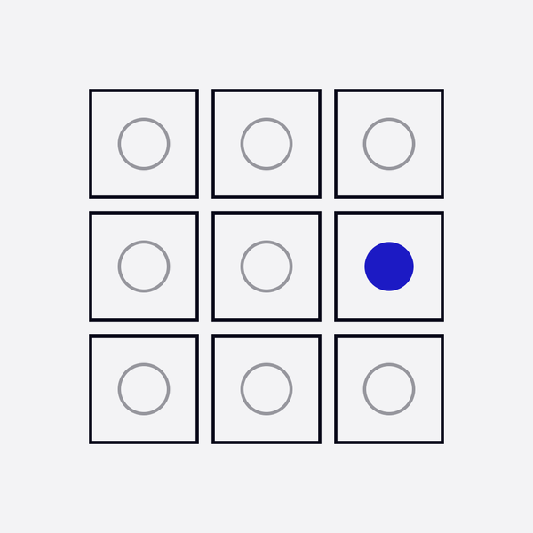 A three by three grid of squares like a product catalogue, one square holding a blue circle