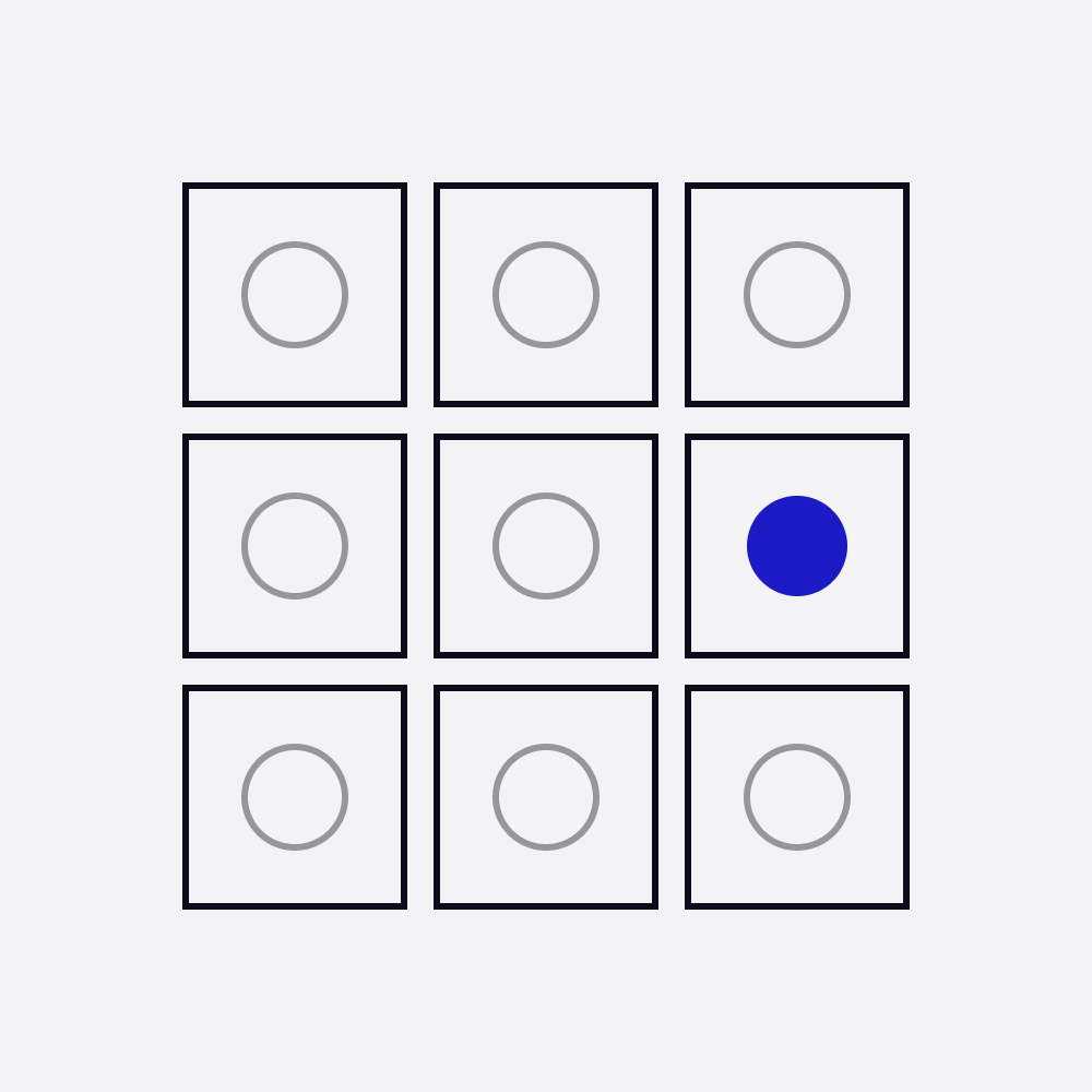 A three by three grid of squares like a product catalogue, one square holding a blue circle
