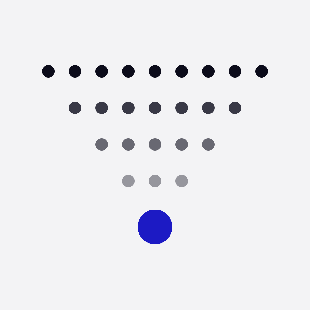 Rows of dots narrowing from nine to three and ending in one blue dot, like a conversion funnel