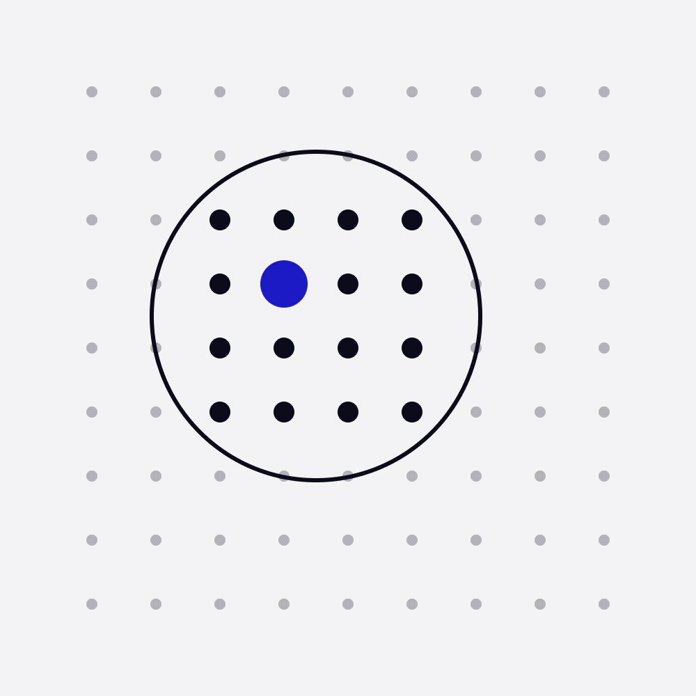 A circle like a lens over a grid of grey dots, with one blue dot picked out inside it