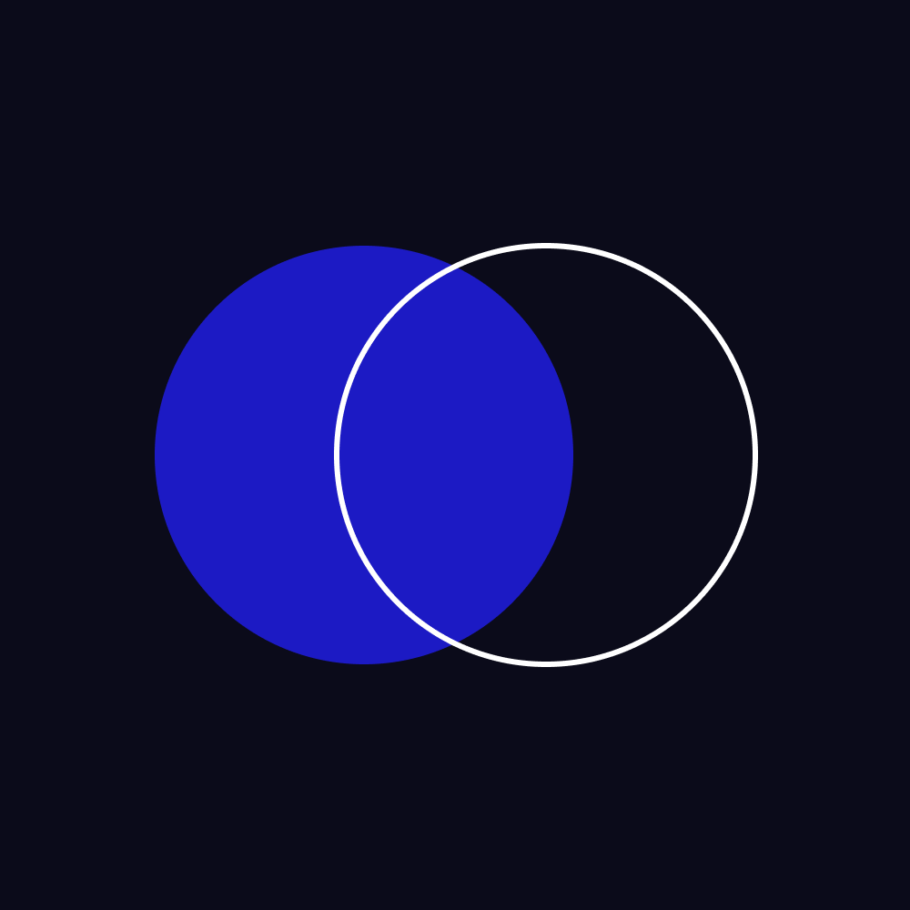Two overlapping circles on a dark ground, one solid blue and one drawn as a white outline