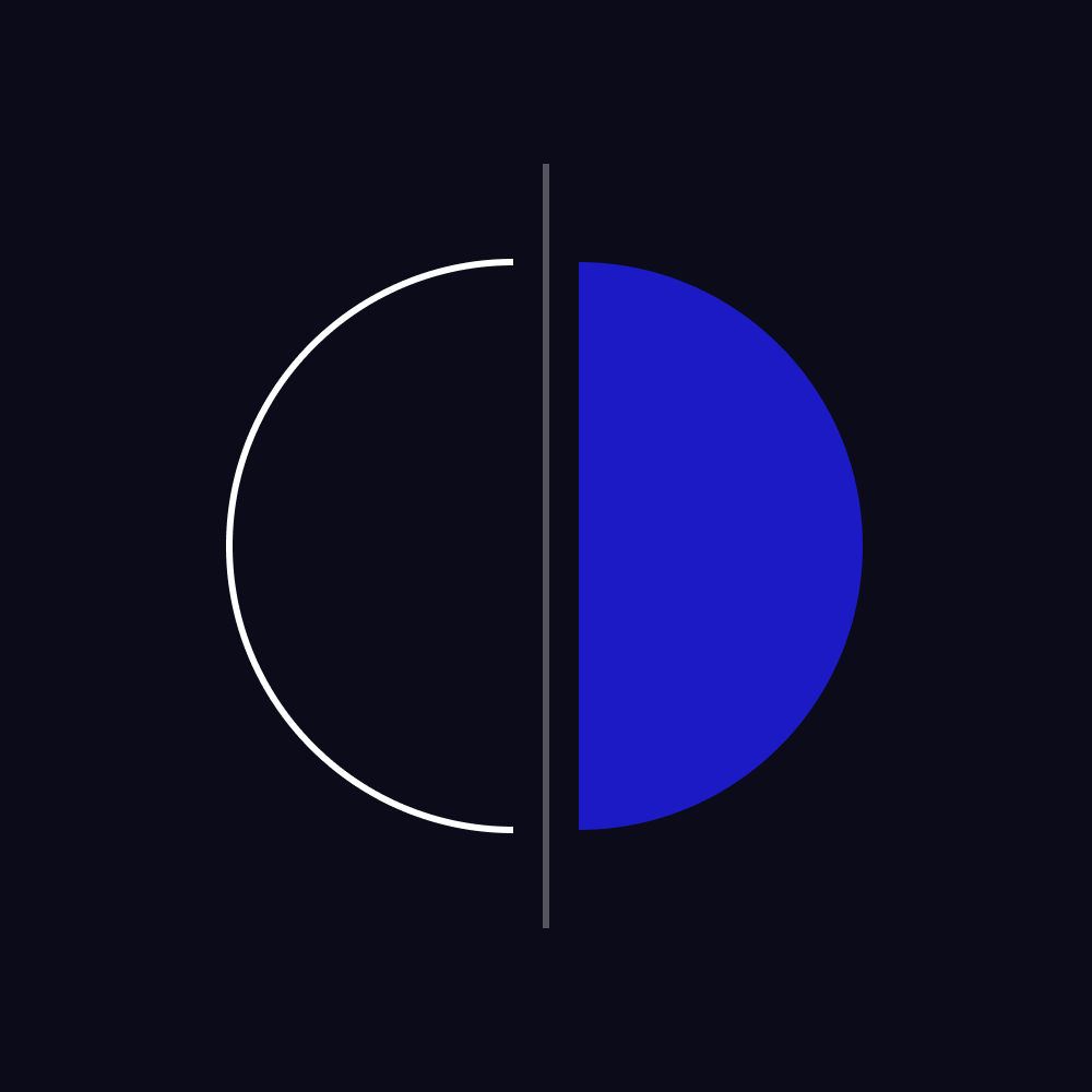 An open white half-circle facing a solid blue half-circle across a thin line on a dark ground