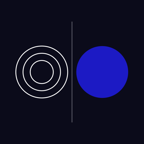 Three nested white rings facing one solid blue circle across a thin line on a dark ground