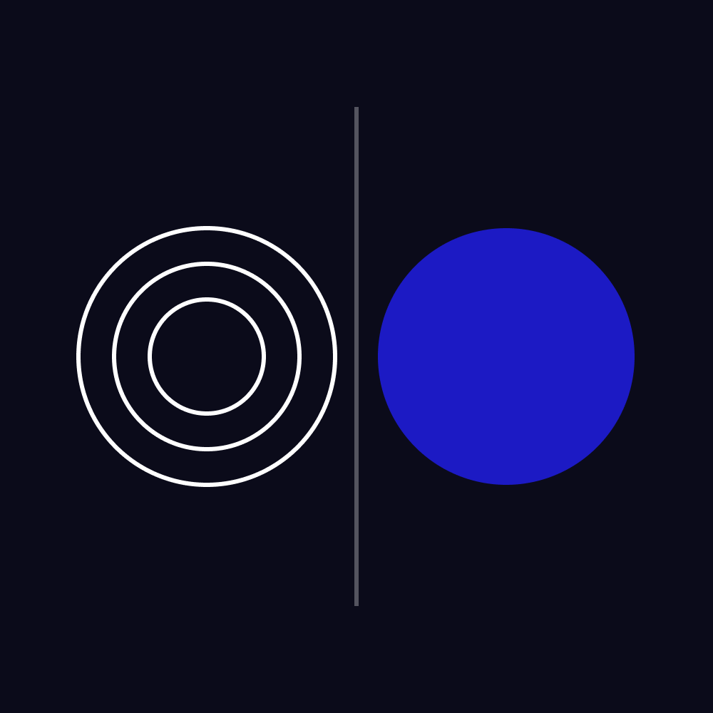 Three nested white rings facing one solid blue circle across a thin line on a dark ground