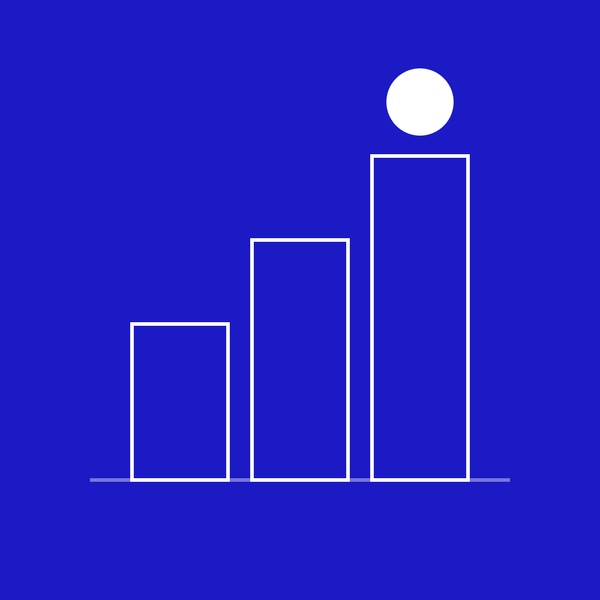 Three outlined bars rising from left to right with a white dot above the tallest one, on a blue ground