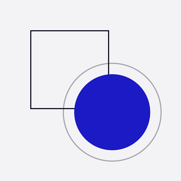 An outlined square overlapped by a solid blue circle in a thin ring, an old form and a new one