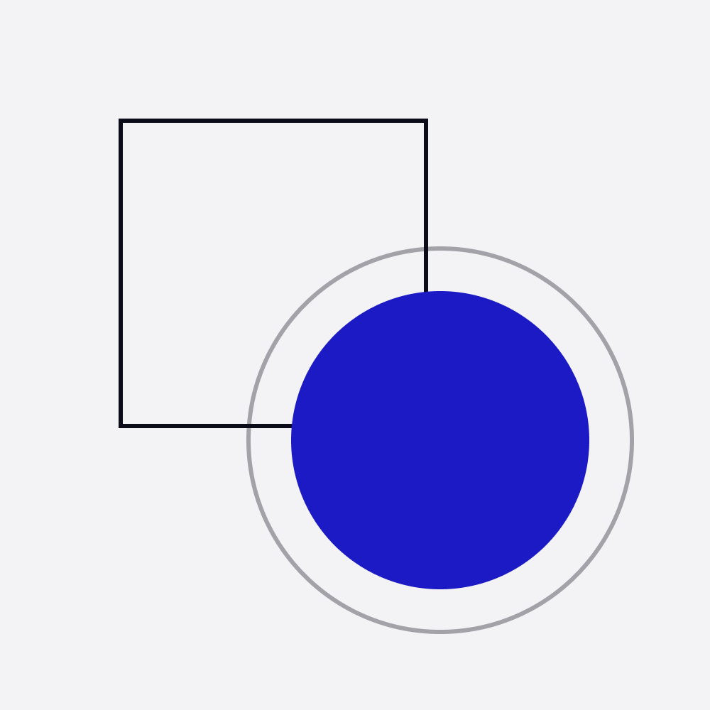 An outlined square overlapped by a solid blue circle in a thin ring, an old form and a new one