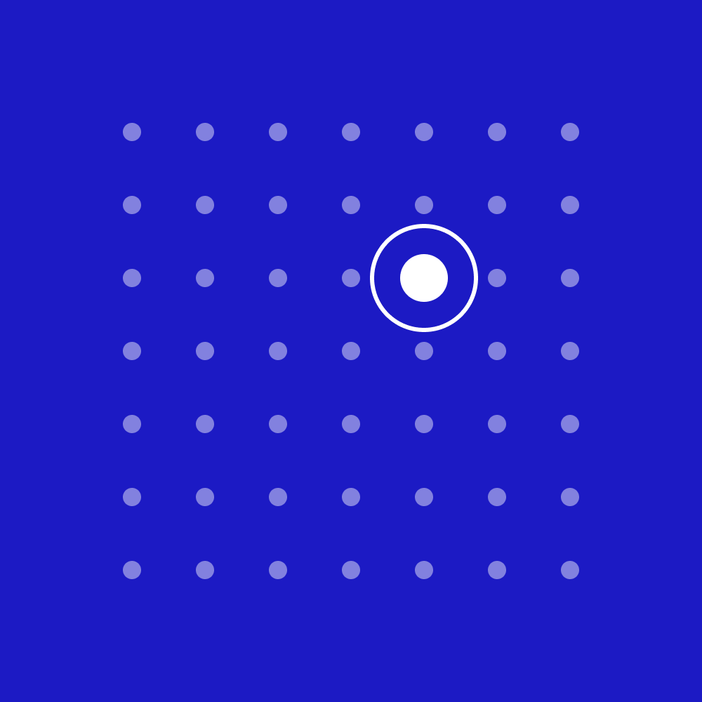 A grid of pale dots on a blue ground with one white dot circled, the one picked from many