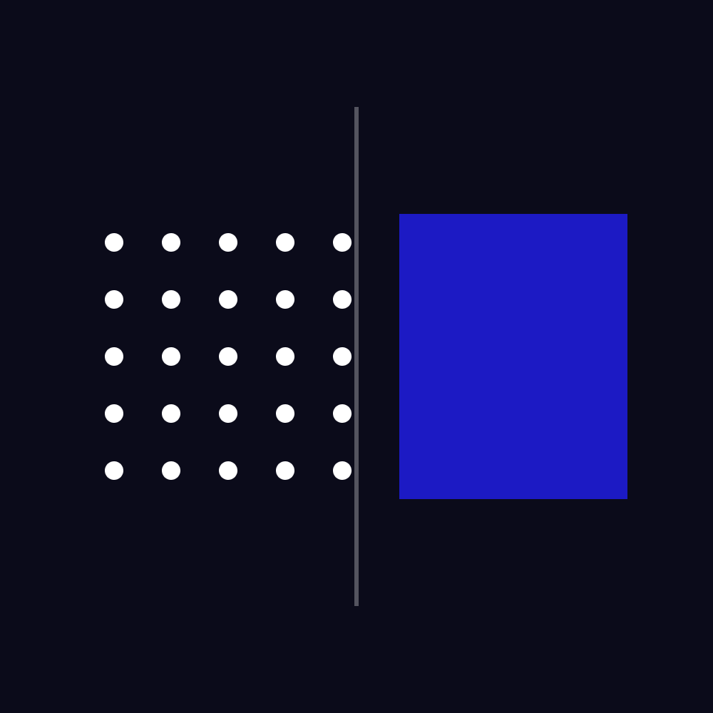 A grid of small white dots facing one solid blue block across a thin line on a dark ground