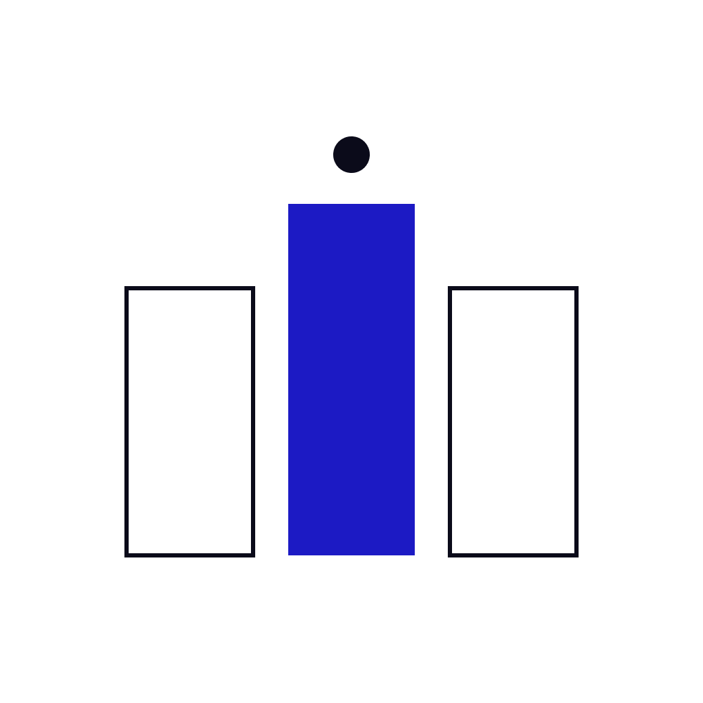 Three columns like pricing plans, the tall middle one solid blue with a dot above it