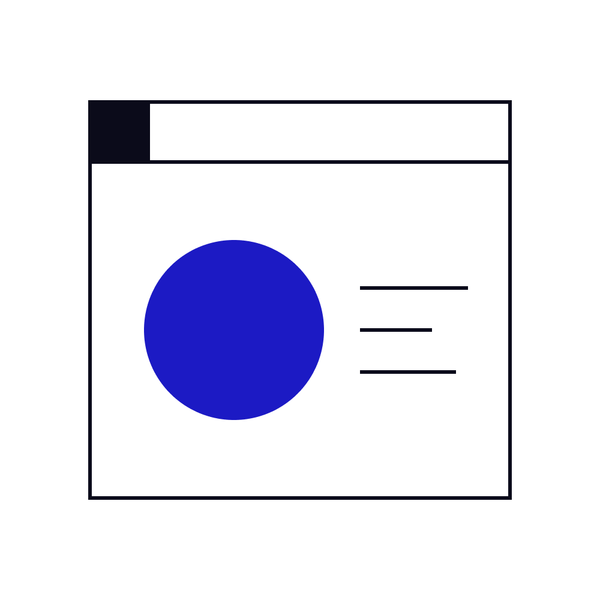 An outlined app window with a large blue circle and three short lines of text inside it