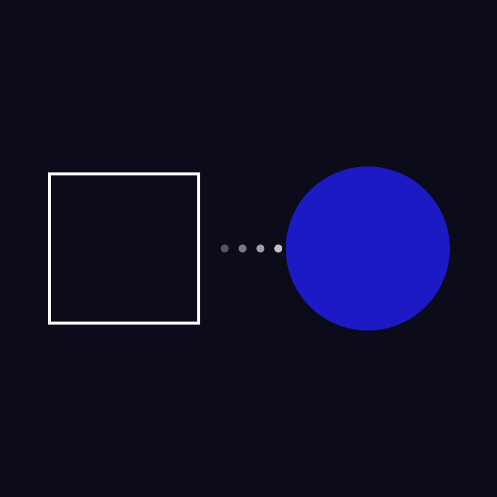 An outlined square, a short dotted path and a solid blue circle on a dark ground, a move from one form to another