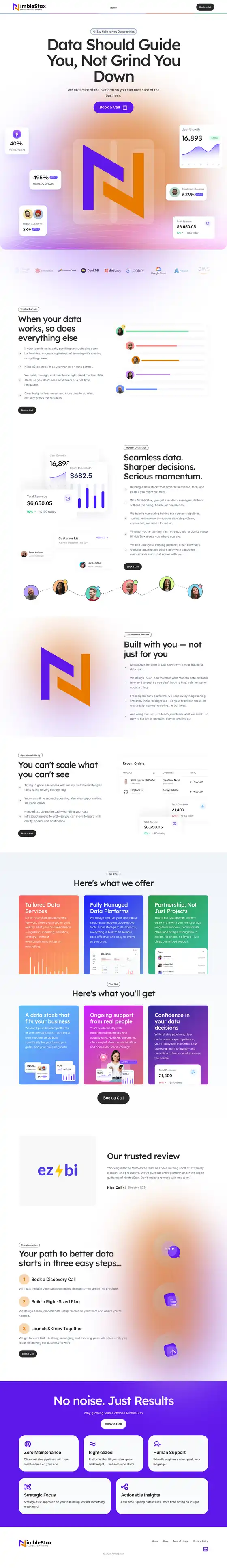 The full NimbleStax home page, built in Framer, from the hero to the footer