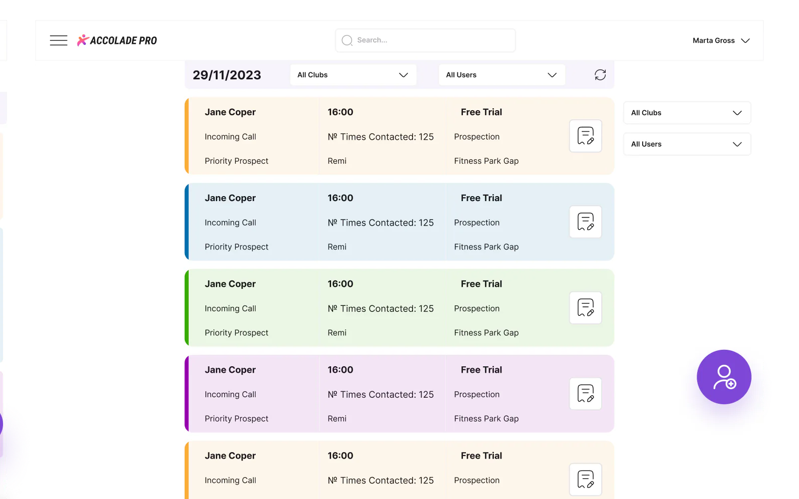 Accolade Pro TODO list with one colour-coded card per contact for the day