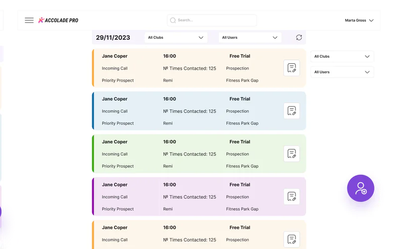 Accolade Pro TODO list with one colour-coded card per contact for the day