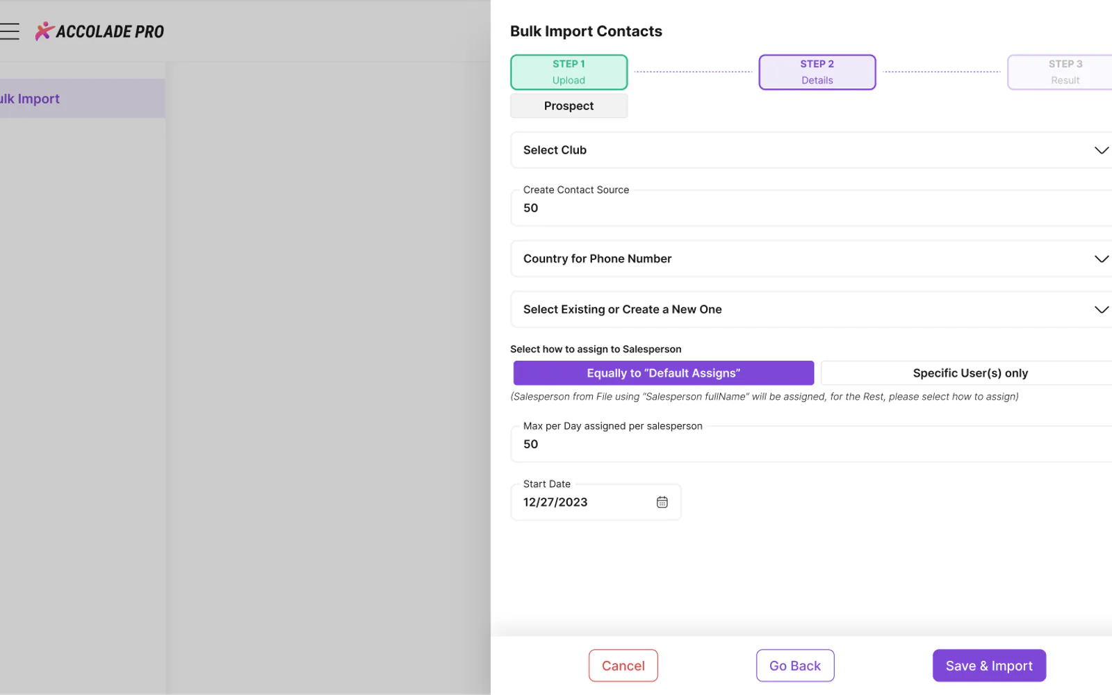 Accolade Pro bulk import, step 2: club, contact source, phone country and assignment rules