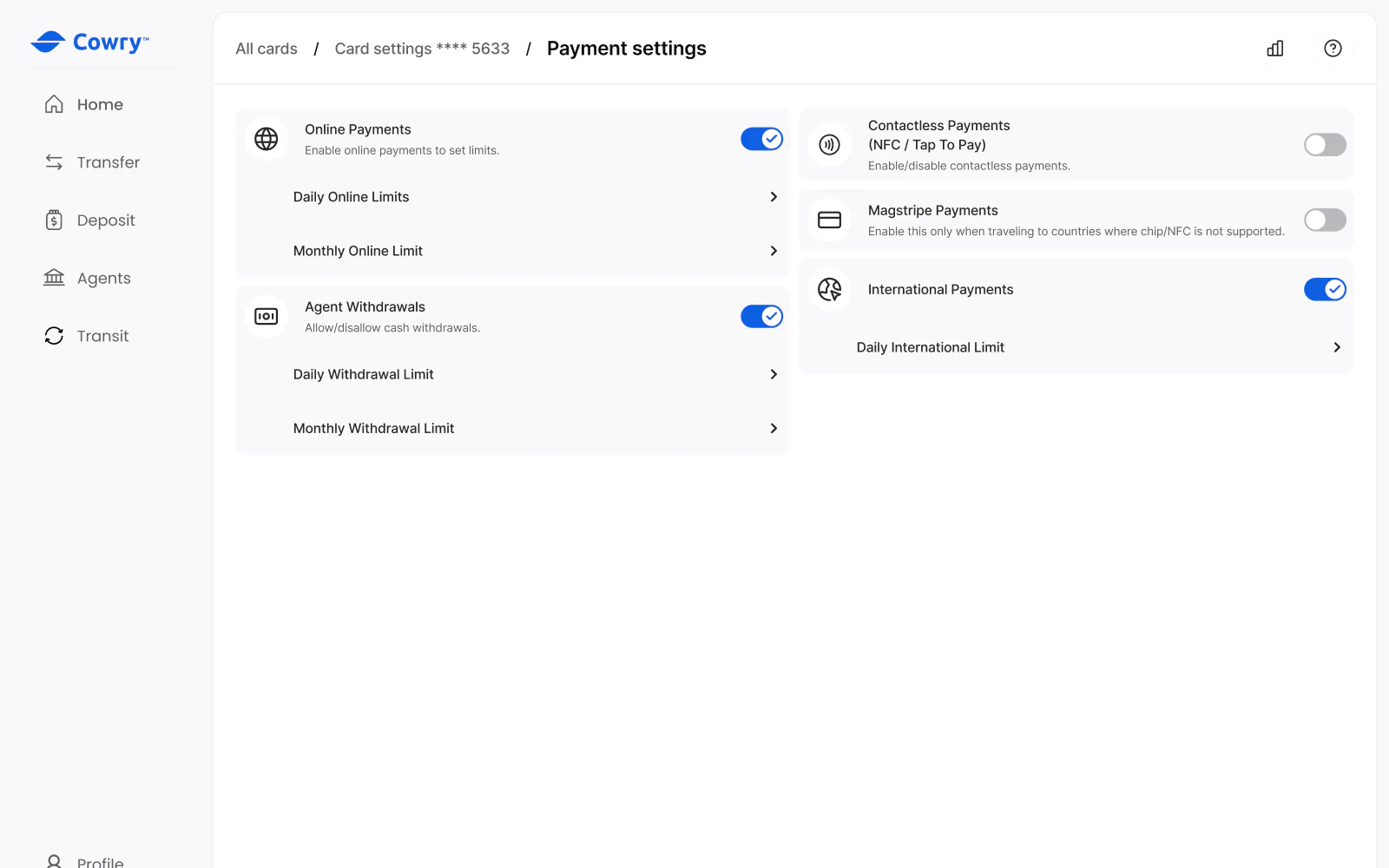 Cowry card settings with toggles for online, contactless and international payments