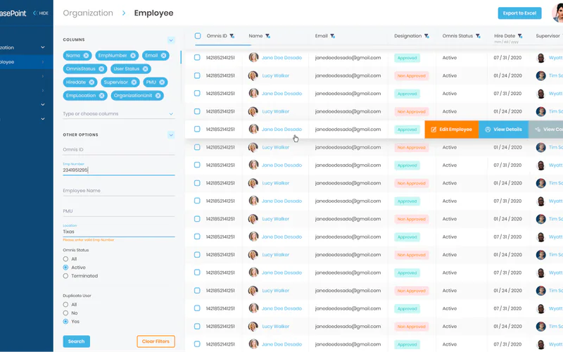 GEMS employee list with filter chips, search options and a row action menu