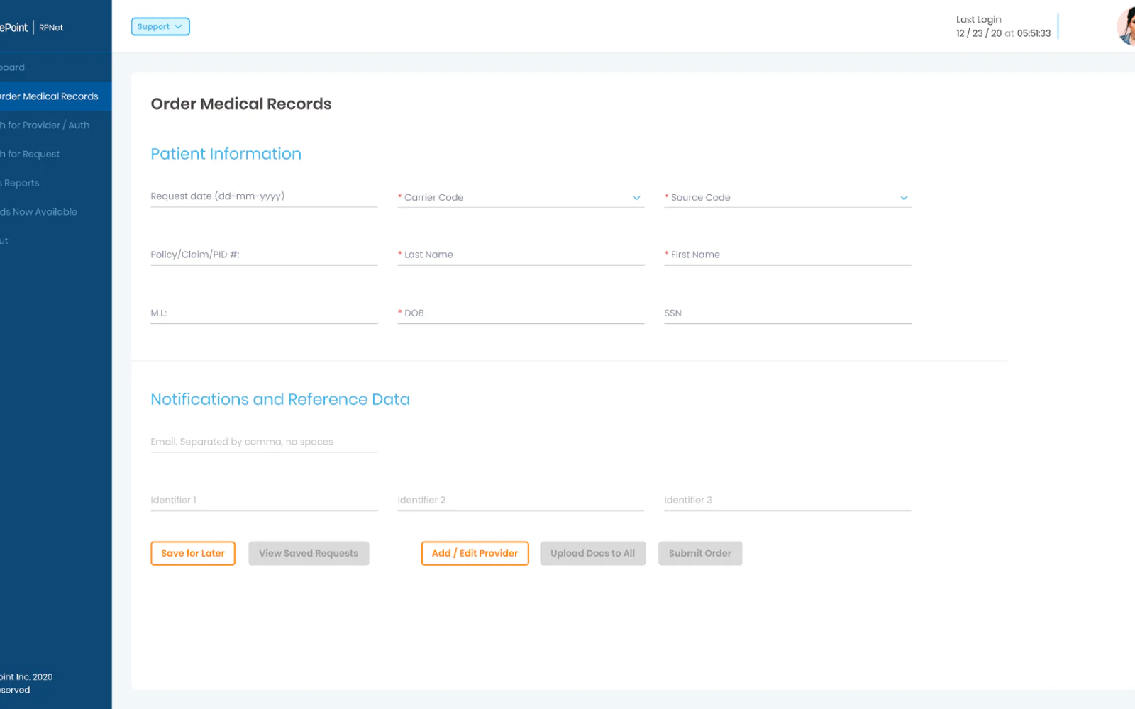 RPNet form to order medical records with patient and reference data