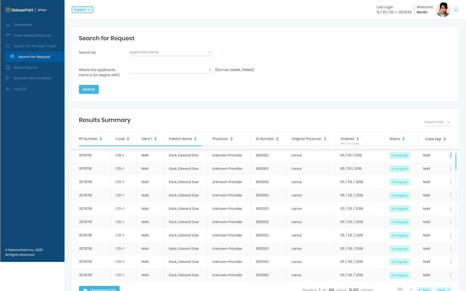 RPNet search for a request by applicant name with a results summary table
