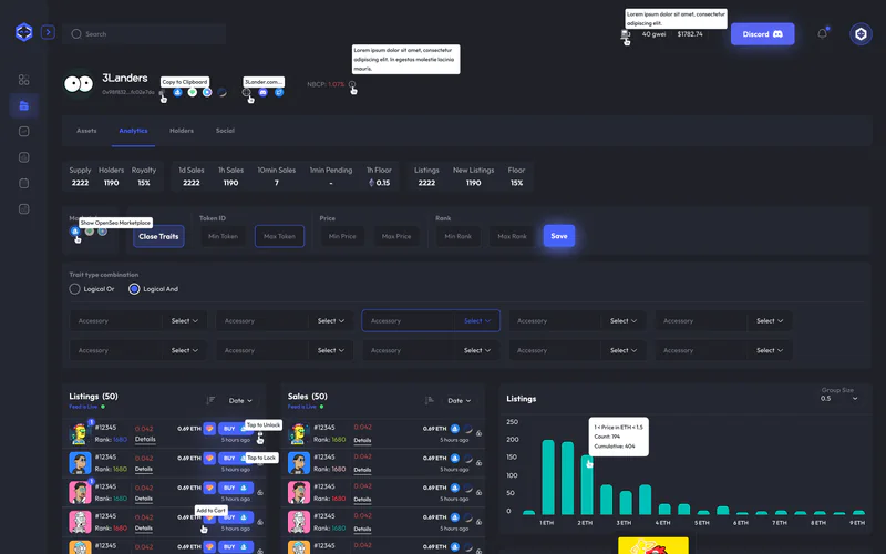 NFTbots analytics dashboard with trait filters, listings, sales and a listings chart