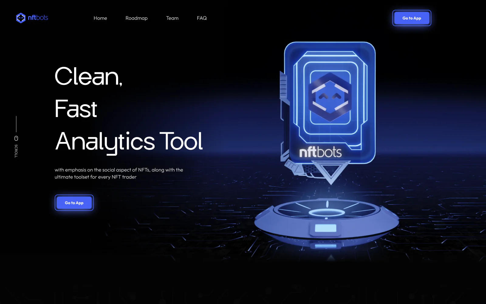 NFTbots landing page hero: Clean, Fast Analytics Tool, with a glowing card on a pedestal