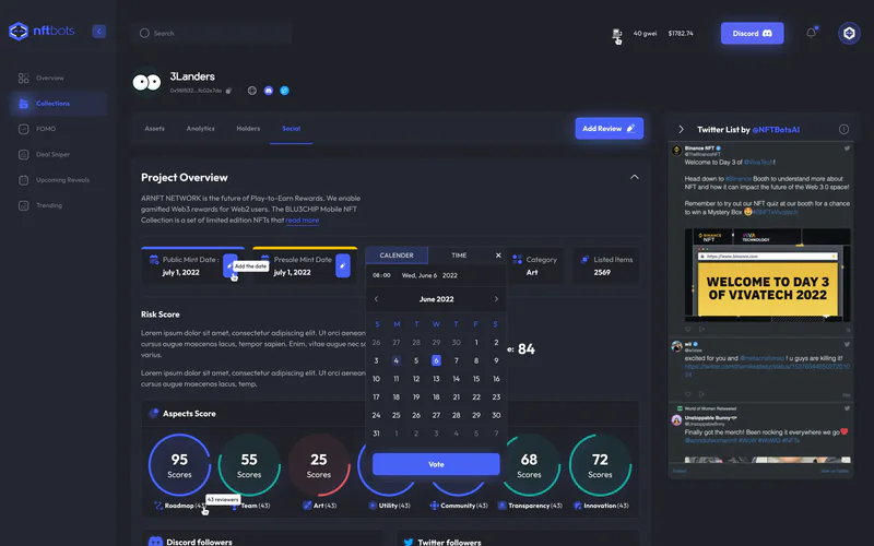 NFTbots social dashboard with a project overview, risk score and aspect scores