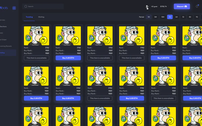 NFTbots grid of NFT cards with rank and buy buttons