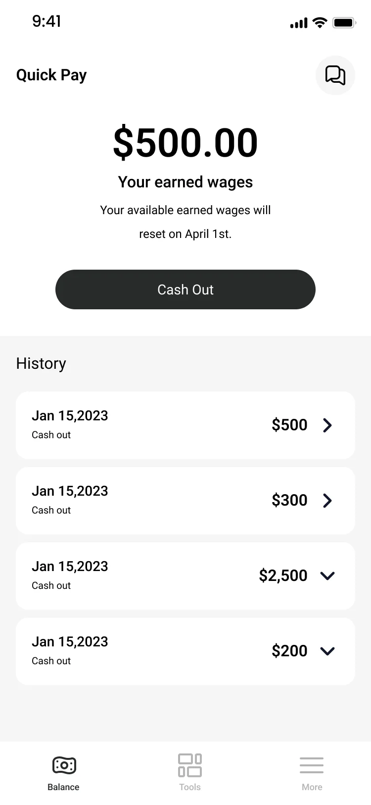 QuickQuick Pay mobile home with 500 dollars of earned wages and a cash out button