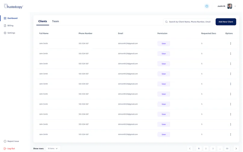 Trustedcopy organization dashboard with the client list and requested documents