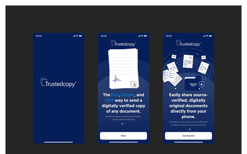 Three Trustedcopy mobile onboarding screens in navy