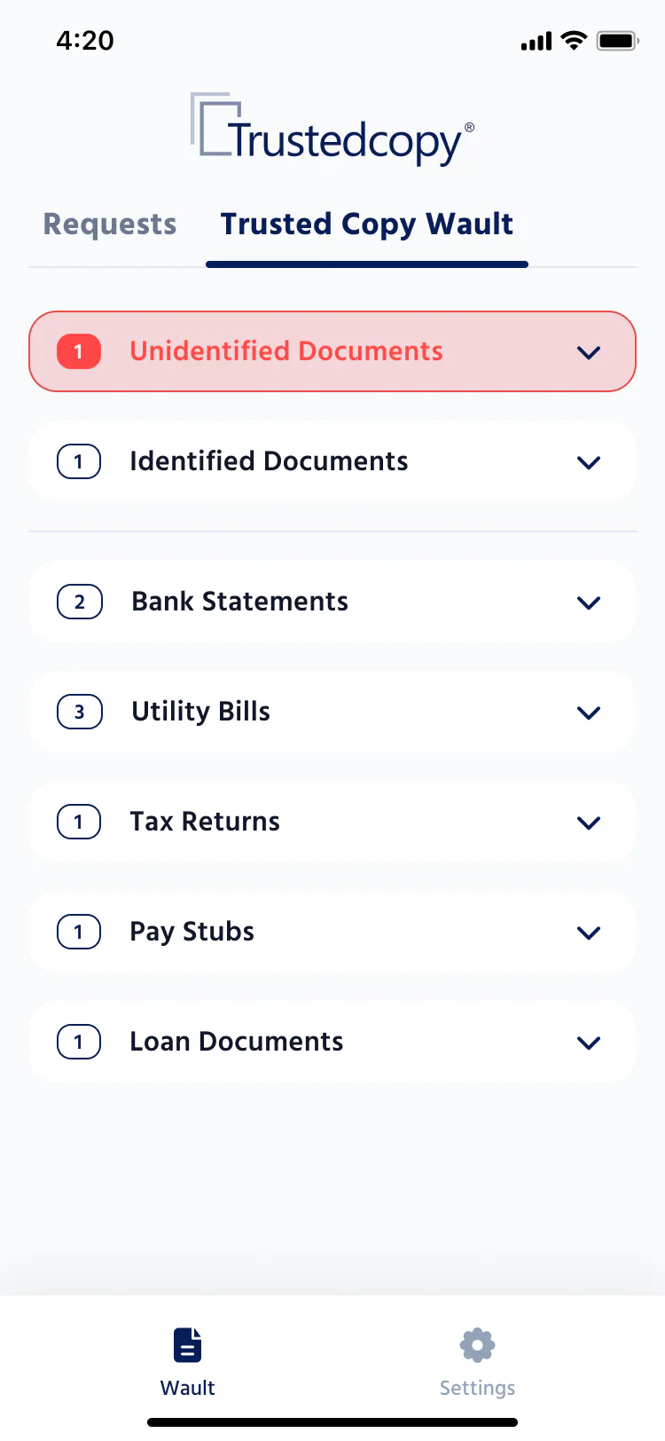 Trustedcopy vault on a phone with document types such as bank statements and utility bills