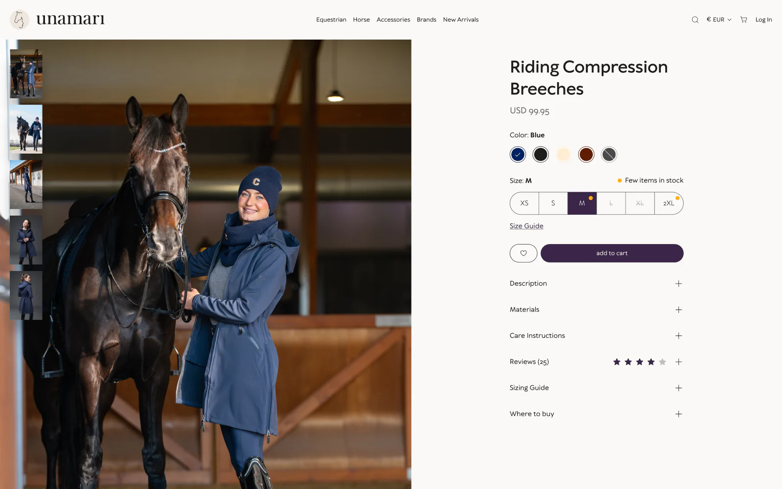 Unamari product page for riding compression breeches with colours and sizes